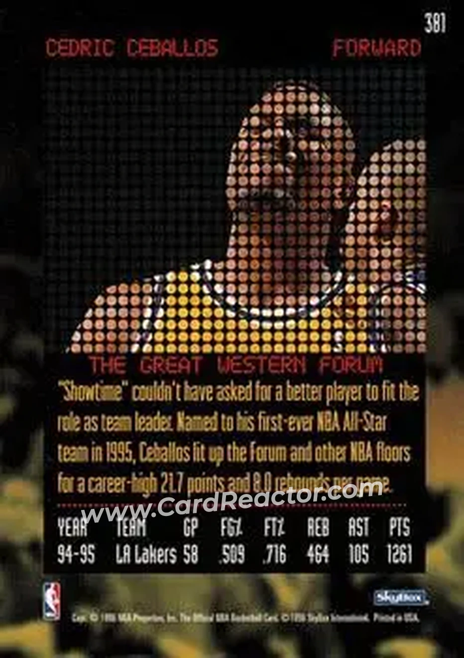 1995-96 Hoops #381 - Cedric Ceballos - Los Angeles Lakers - Back