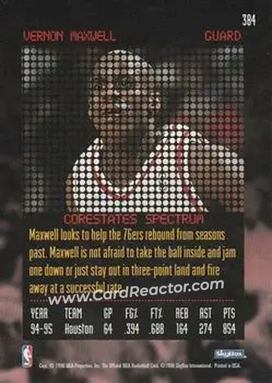 1995-96 Hoops #384 - Vernon Maxwell - Philadelphia 76ers - Back