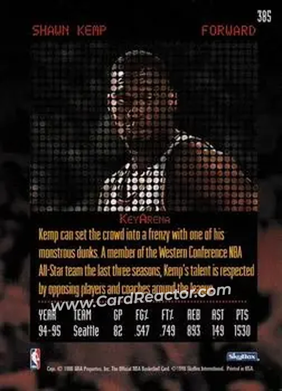 1995-96 Hoops #385 - Shawn Kemp - Seattle SuperSonics - Back