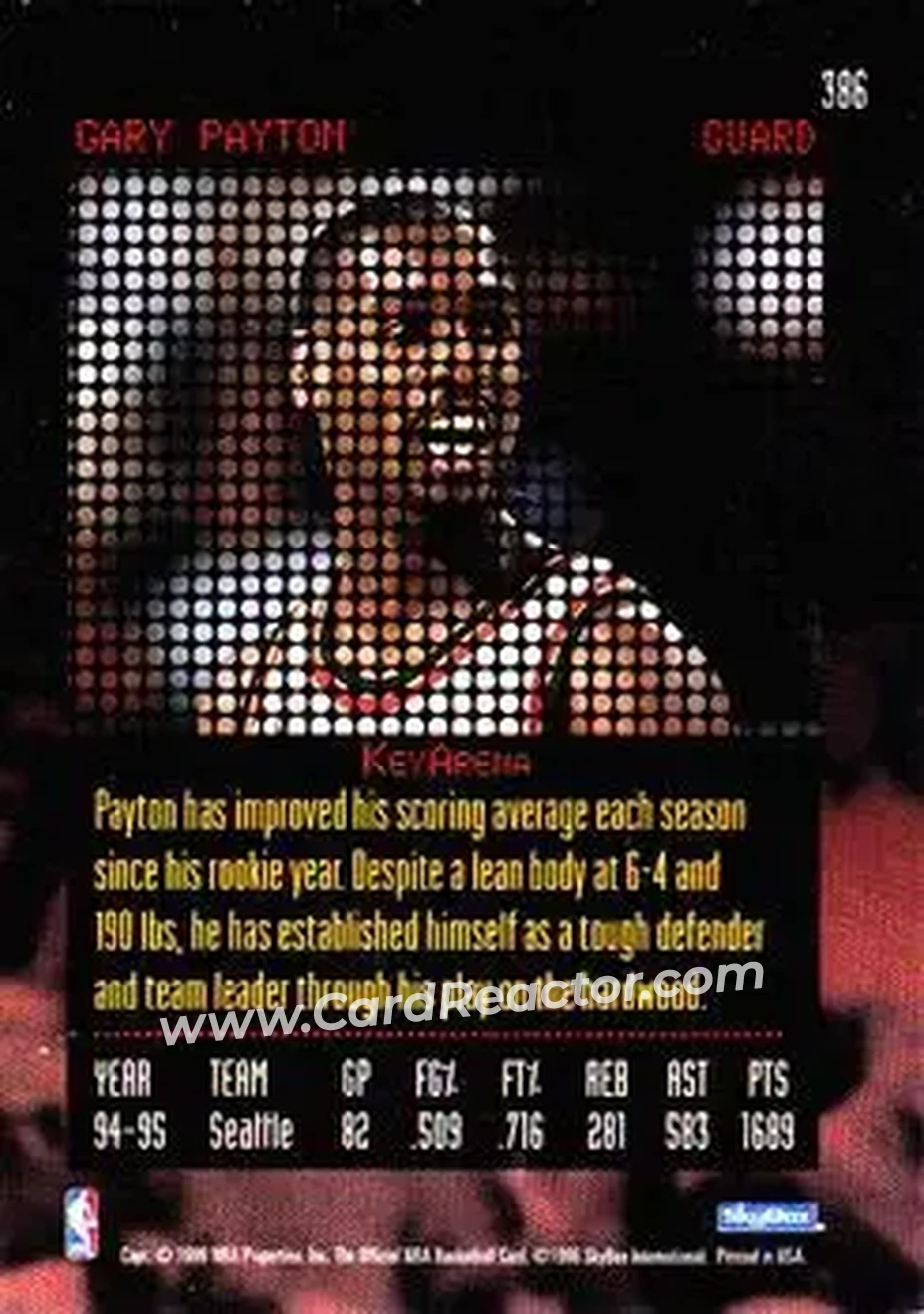 1995-96 Hoops #386 - Gary Payton - Seattle SuperSonics - Back