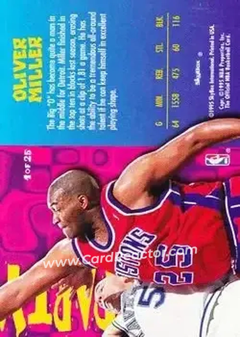 1995-96 Hoops - Block Party #1 - Oliver Miller - Detroit Pistons - Back