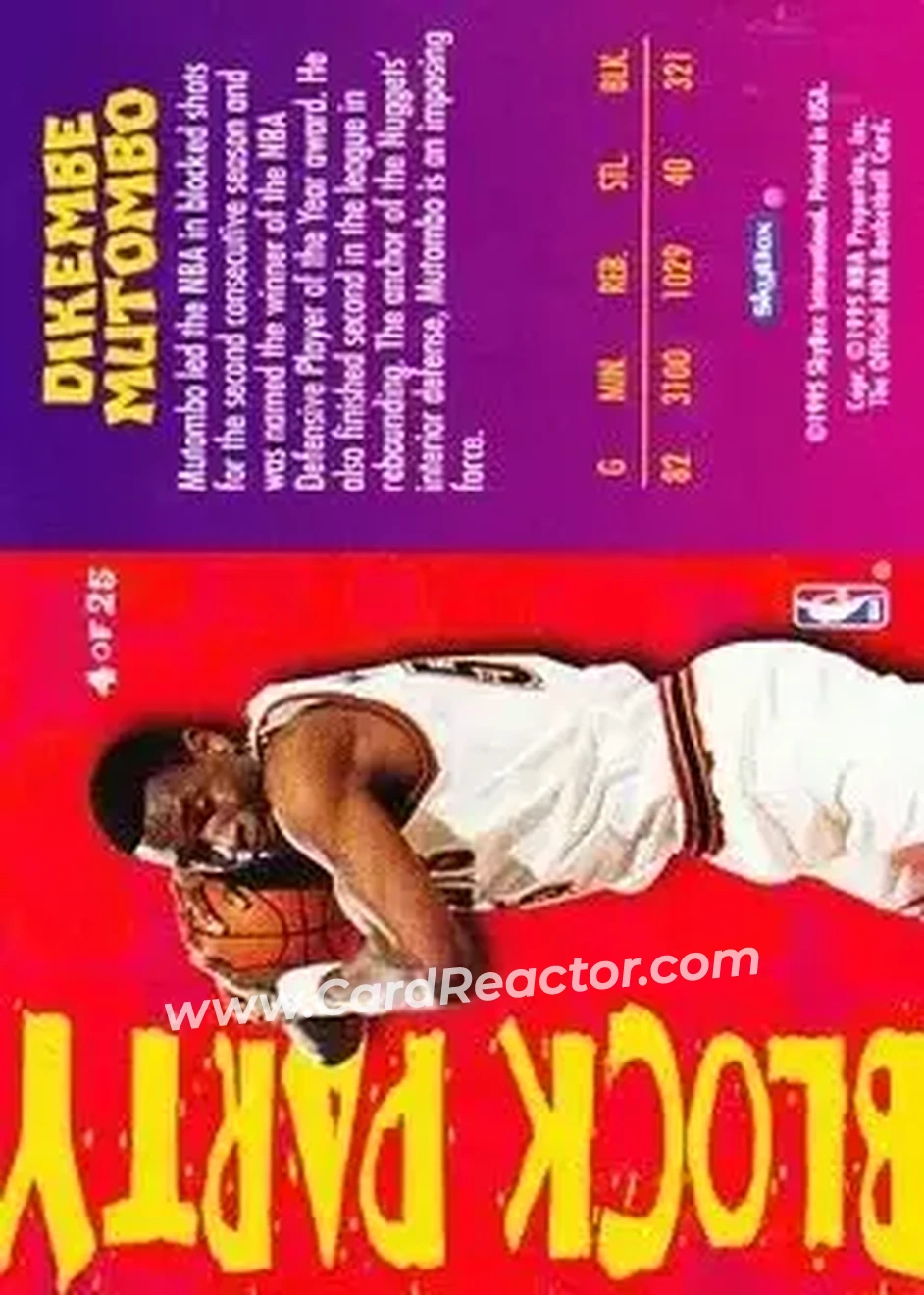1995-96 Hoops - Block Party #4 - Dikembe Mutombo - Denver Nuggets - Back