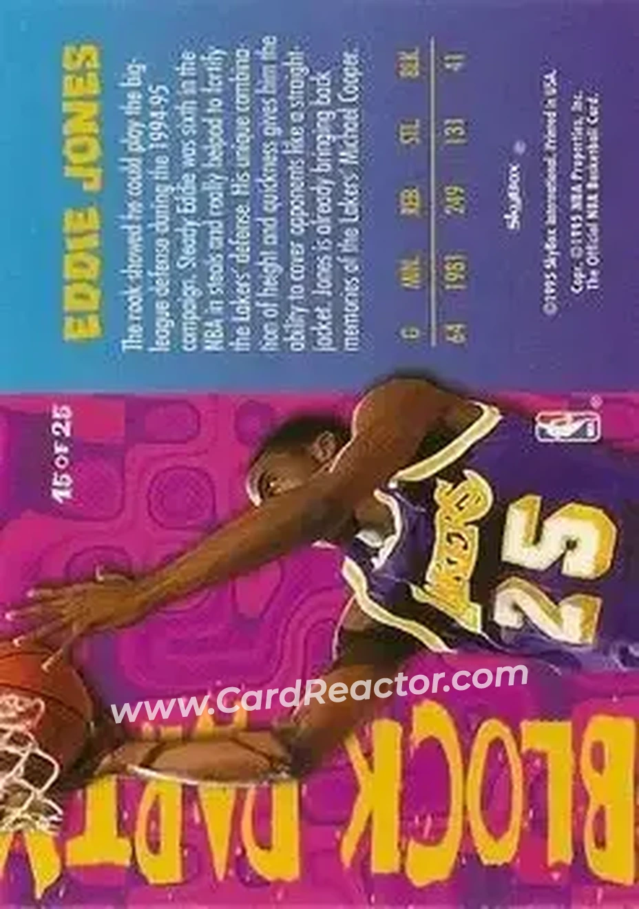 1995-96 Hoops - Block Party #15 - Eddie Jones - Los Angeles Lakers - Back