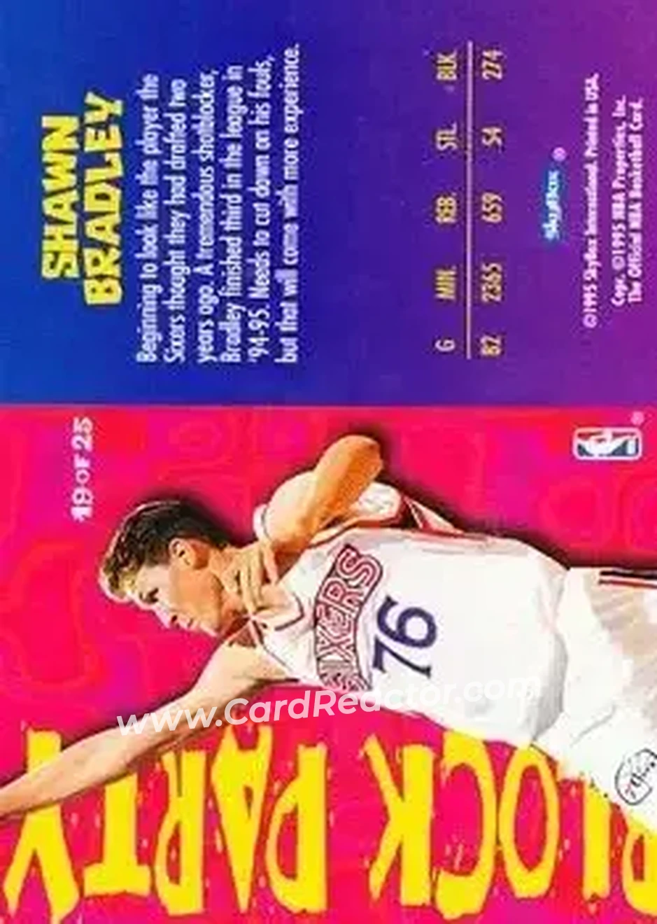1995-96 Hoops - Block Party #19 - Shawn Bradley - Philadelphia 76ers - Back