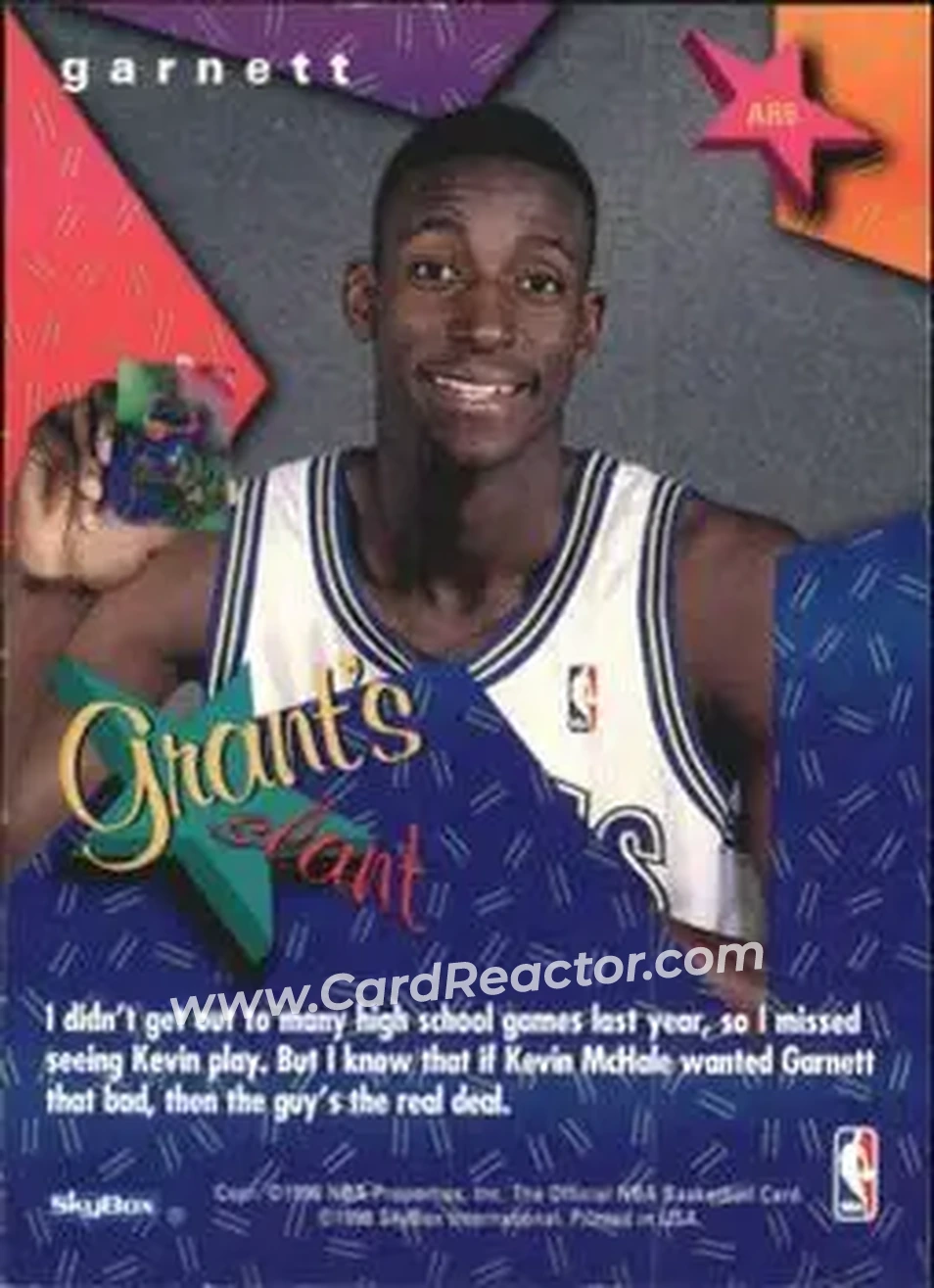 1995-96 Hoops - Grant's All-Rookies #AR6 - Kevin Garnett - Minnesota Timberwolves - Back