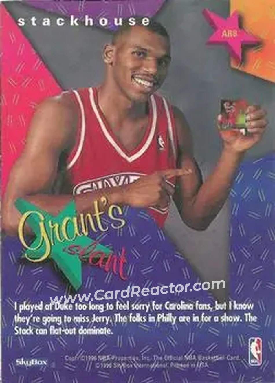 1995-96 Hoops - Grant's All-Rookies #AR8 - Jerry Stackhouse - Philadelphia 76ers - Back