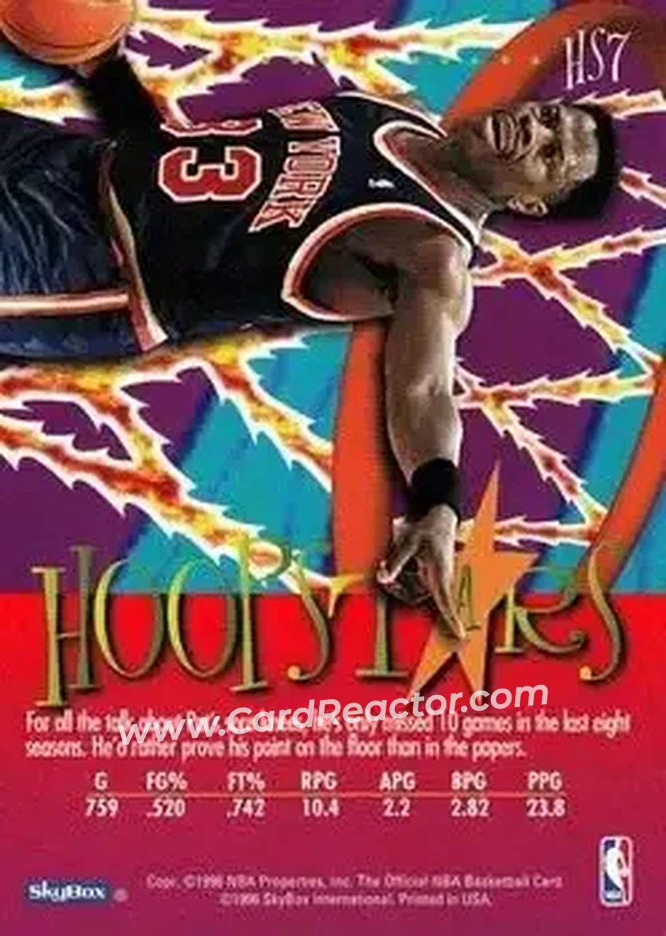 1995-96 Hoops - Hoopstars #HS7 - Patrick Ewing - New York Knicks - Back