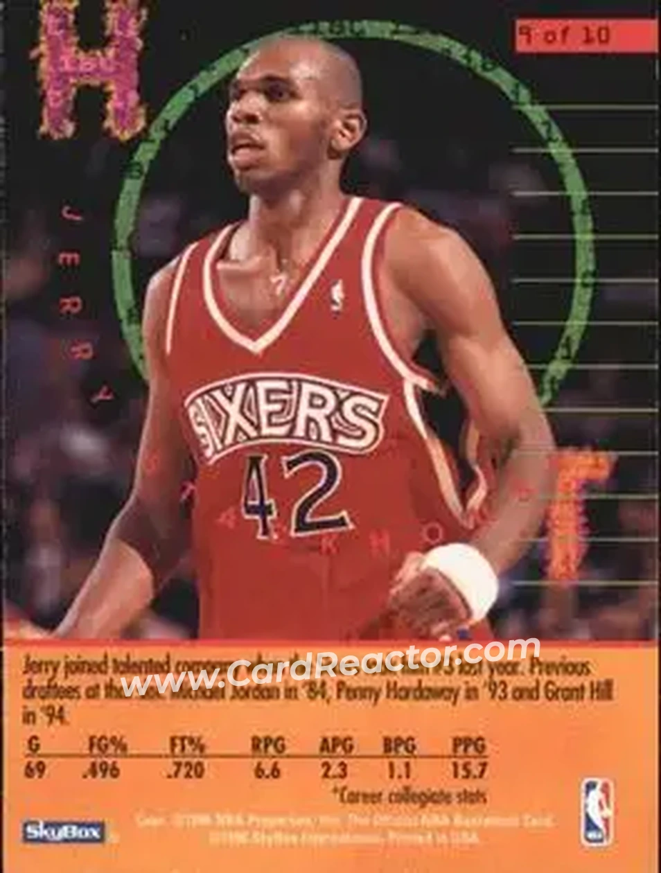 1995-96 Hoops - Hot List #9 - Jerry Stackhouse - Philadelphia 76ers - Back