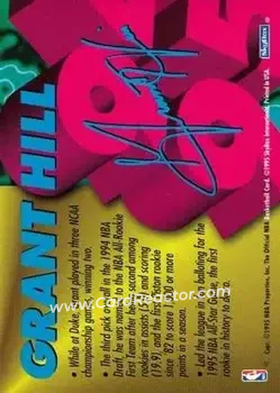 1995-96 Hoops - Grant Hill '94-95 NBA Co-Rookie of the Year Exchange #NNO - Grant Hill - Detroit Pistons - Back