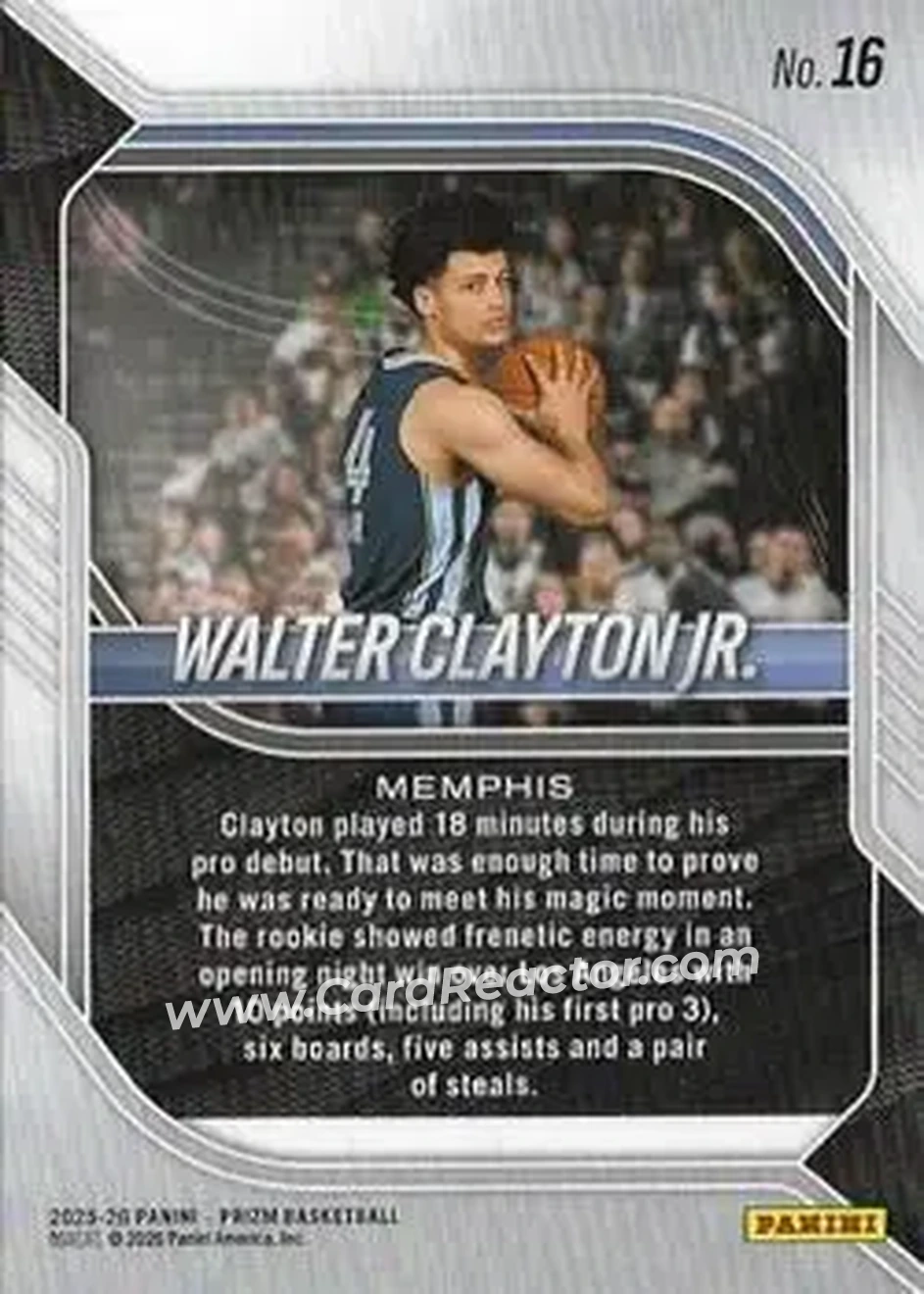 2025-26 Panini Prizm #16 - Walter Clayton Jr. - Memphis Grizzlies - Back