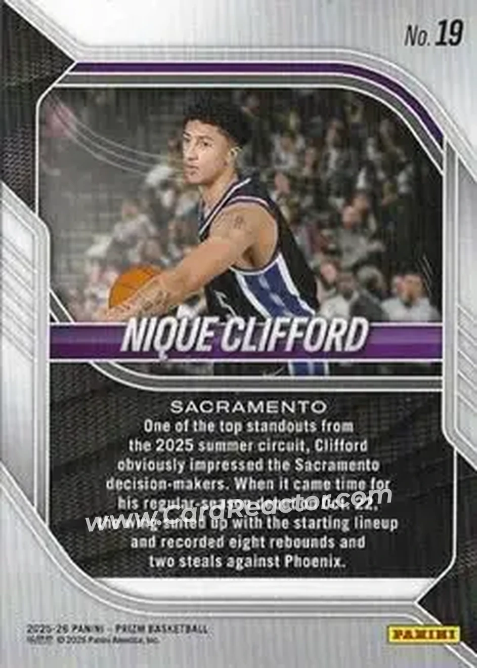 2025-26 Panini Prizm #19 - Nique Clifford - Sacramento Kings - Back