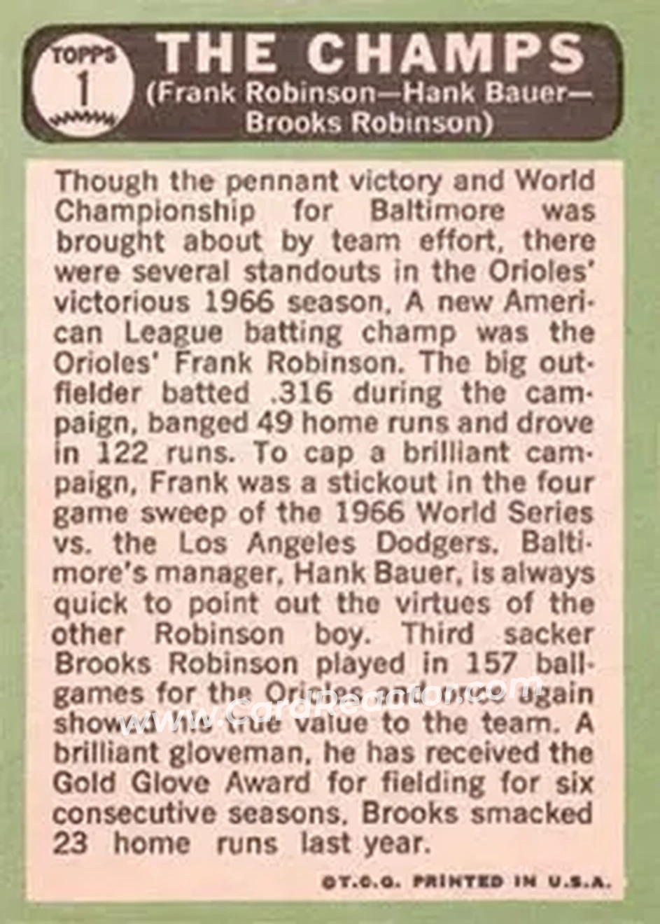 1967 Topps #1 - Card #1 - Baltimore Orioles - Back