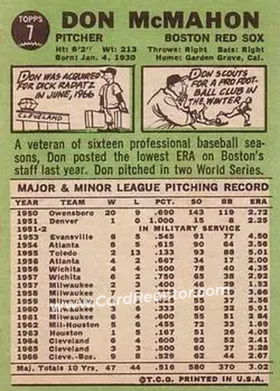 1967 Topps #7 - Don McMahon - Boston Red Sox - Back