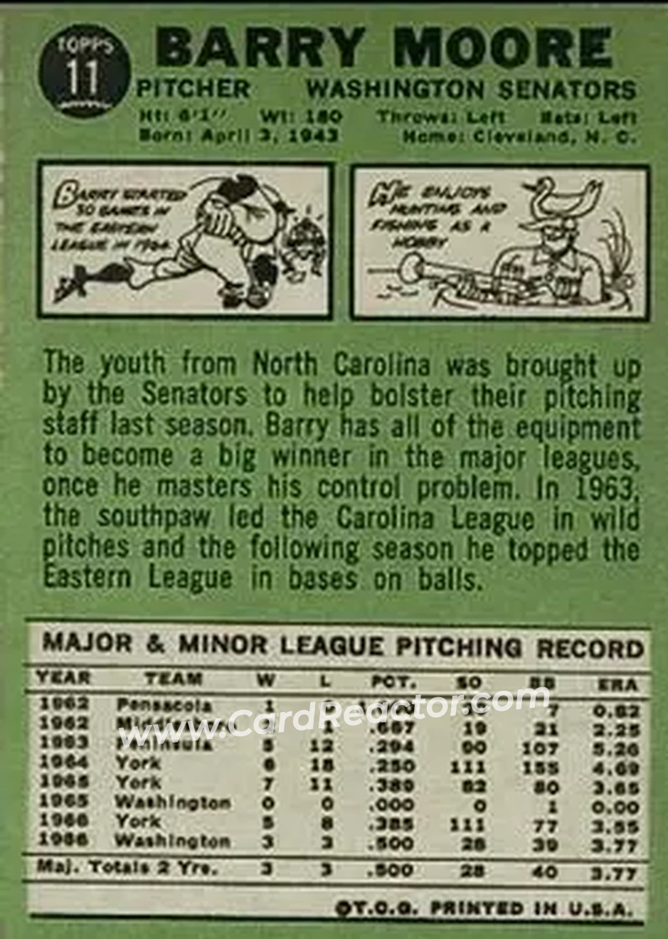 1967 Topps #11 - Barry Moore - Washington Senators - Back