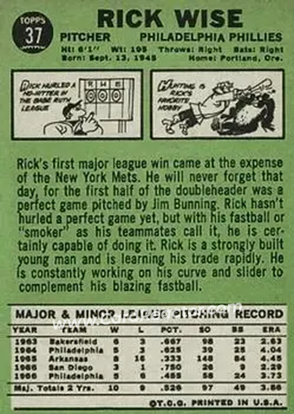 1967 Topps #37 - Rick Wise - Philadelphia Phillies - Back