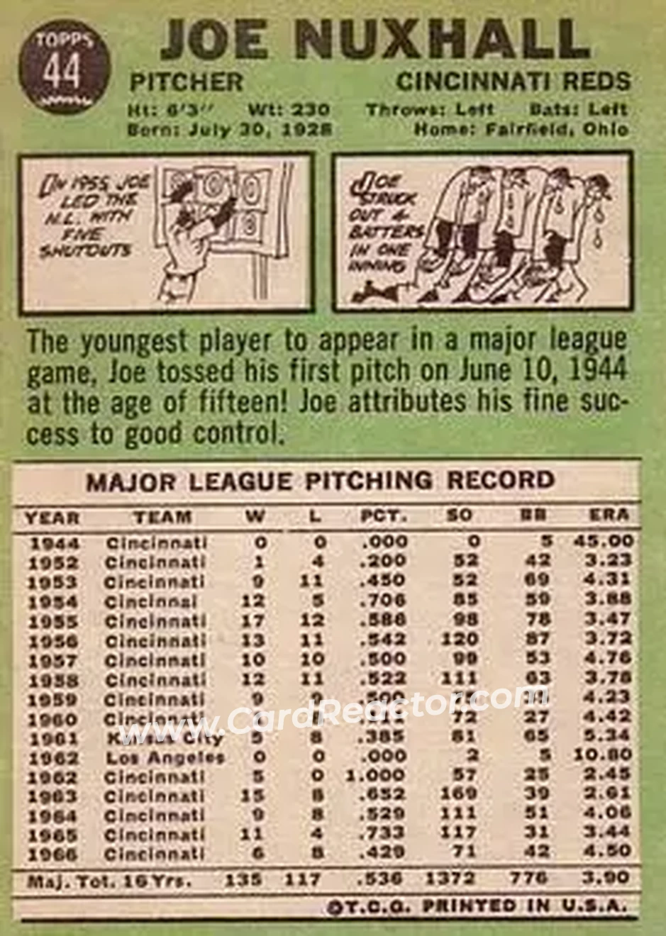 1967 Topps #44 - Joe Nuxhall - Cincinnati Reds - Back