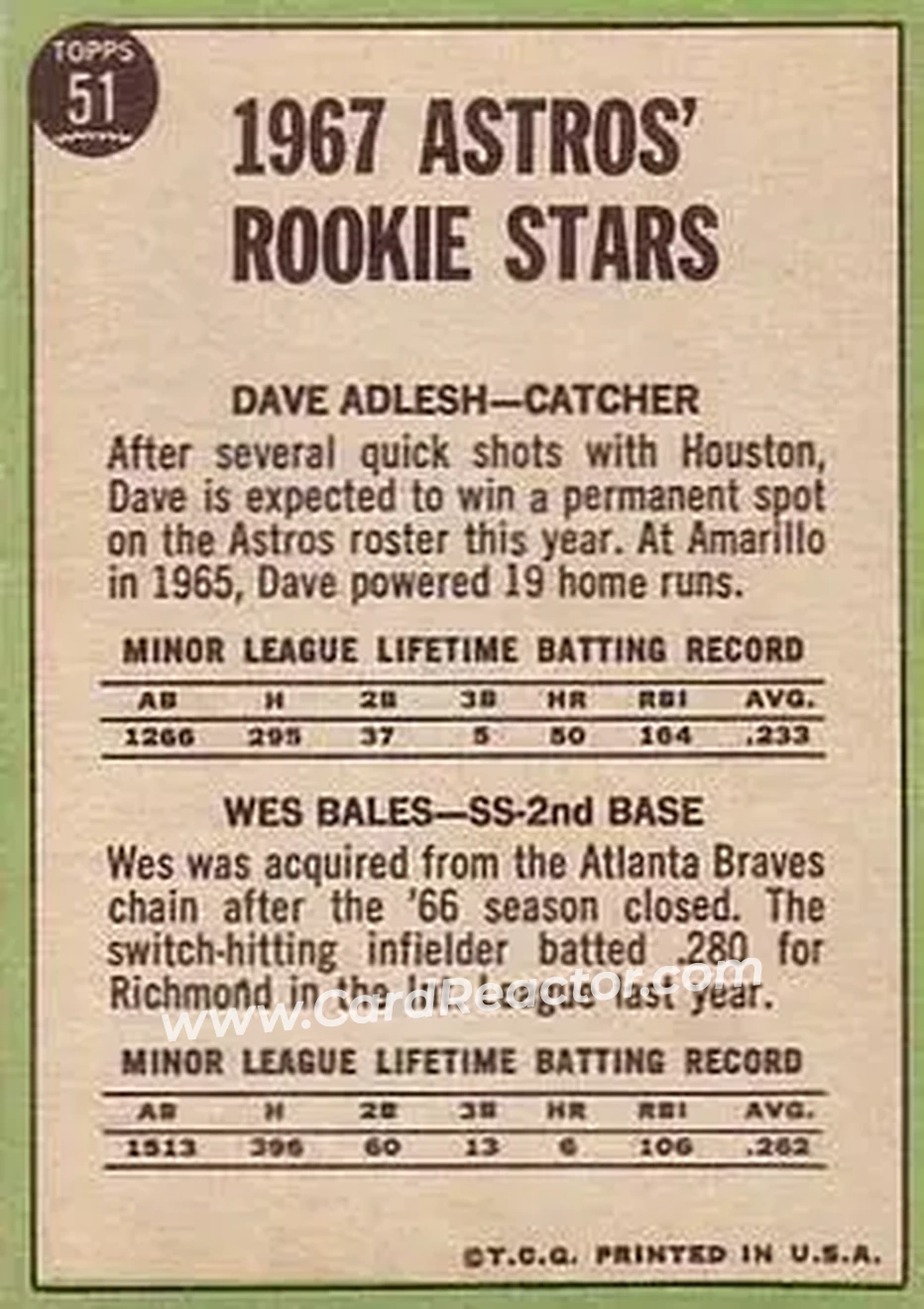 1967 Topps #51 - Card #51 - Houston Astros - Back