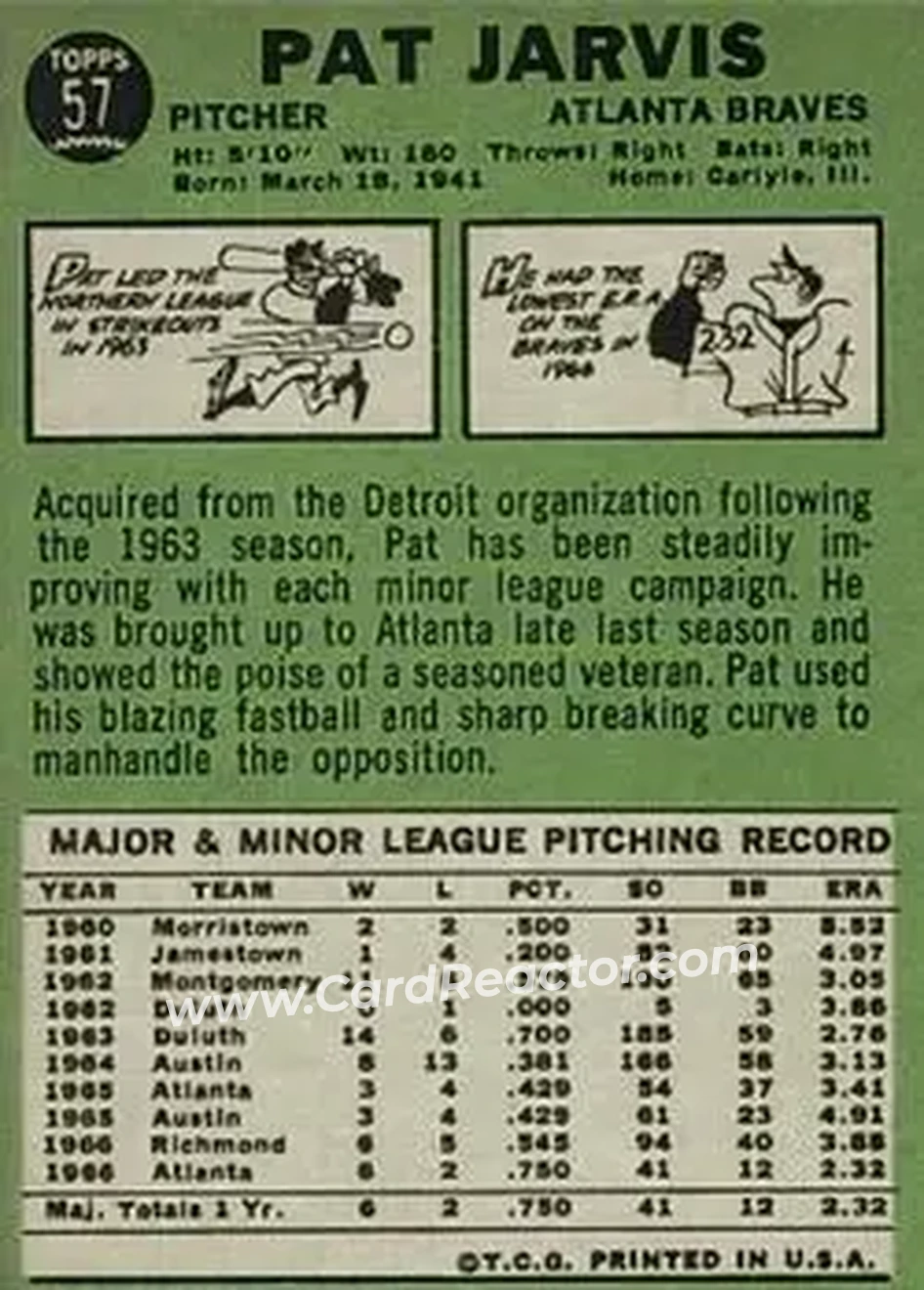 1967 Topps #57 - Pat Jarvis - Atlanta Braves - Back