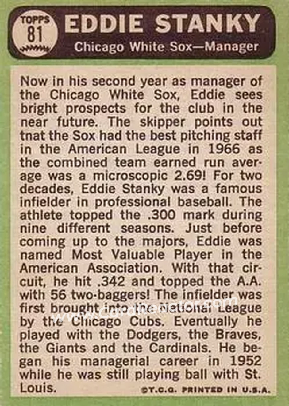 1967 Topps #81 - Ed Stanky - Chicago White Sox - Back