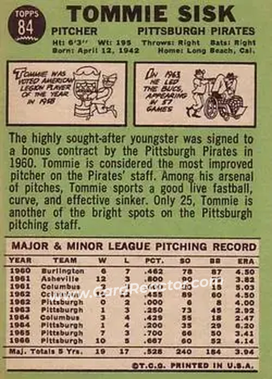 1967 Topps #84 - Tommie Sisk - Pittsburgh Pirates - Back