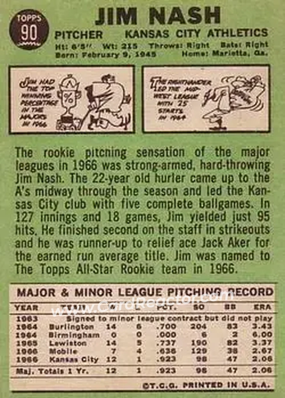 1967 Topps #90 - Jim Nash - Kansas City Athletics - Back