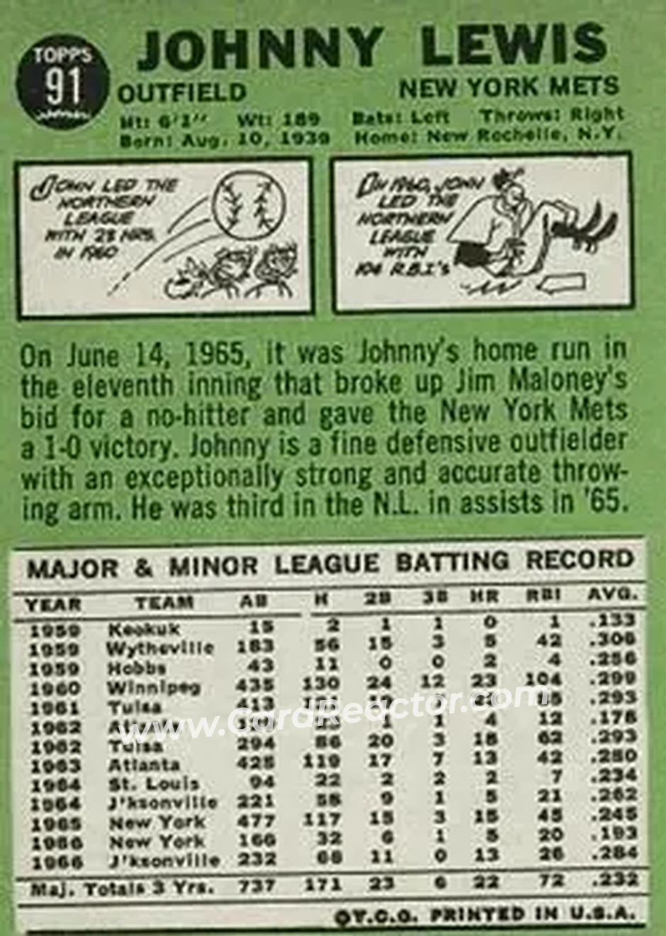 1967 Topps #91 - Johnny Lewis - New York Mets - Back 1967 Topps #91 - Johnny Lewis - New York Mets - Back
