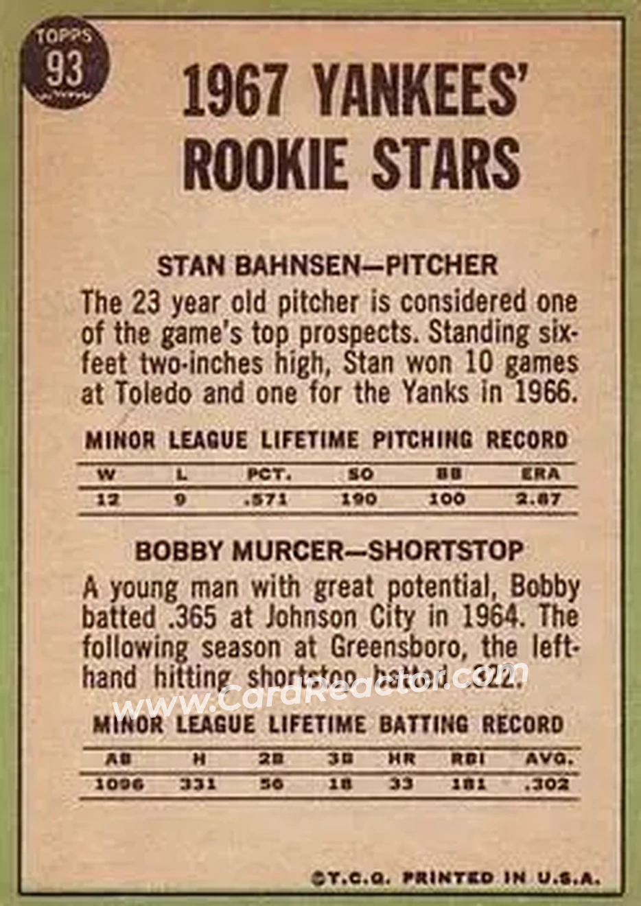 1967 Topps #93 - Card #93 - New York Yankees - Back