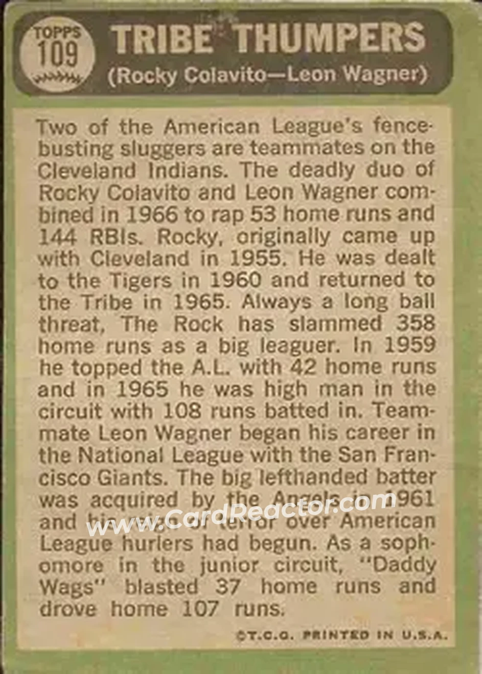 1967 Topps #109 - Card #109 - Cleveland Indians - Back
