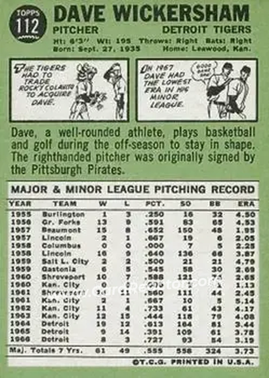 1967 Topps #112 - Dave Wickersham - Detroit Tigers - Back 1967 Topps #112 - Dave Wickersham - Detroit Tigers - Back