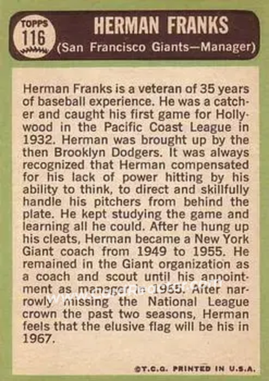 1967 Topps #116 - Herman Franks - San Francisco Giants - Back