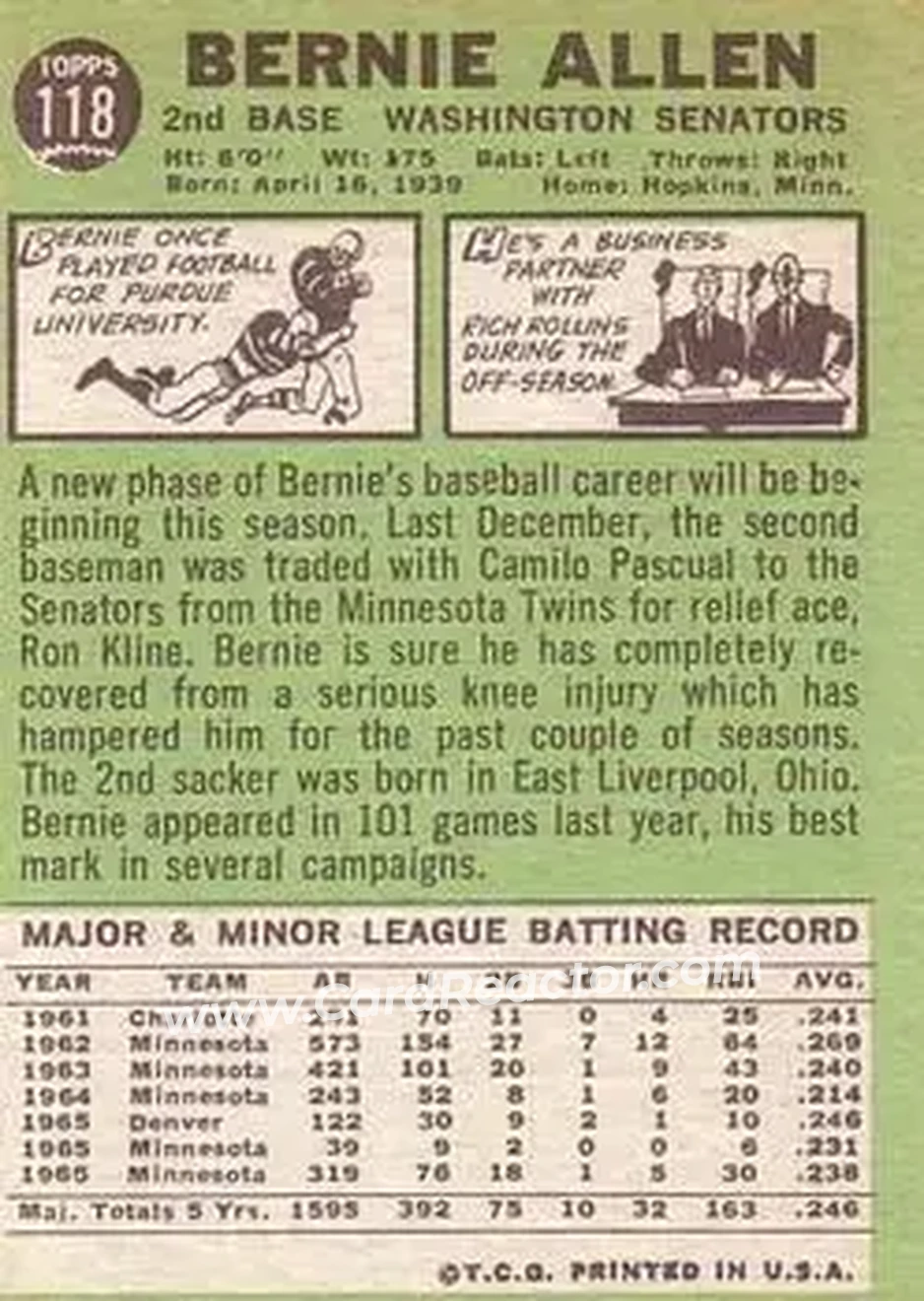 1967 Topps #118 - Bernie Allen - Washington Senators - Back 1967 Topps #118 - Bernie Allen - Washington Senators - Back