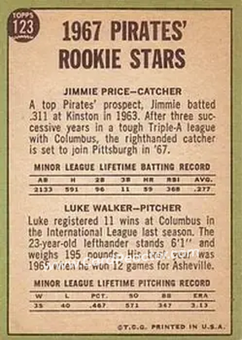 1967 Topps #123 - Card #123 - Pittsburgh Pirates - Back