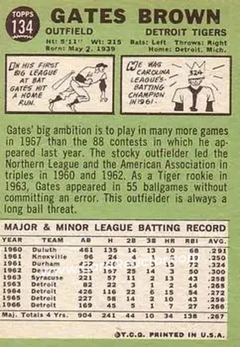 1967 Topps #134 - Gates Brown - Detroit Tigers - Back 1967 Topps #134 - Gates Brown - Detroit Tigers - Back
