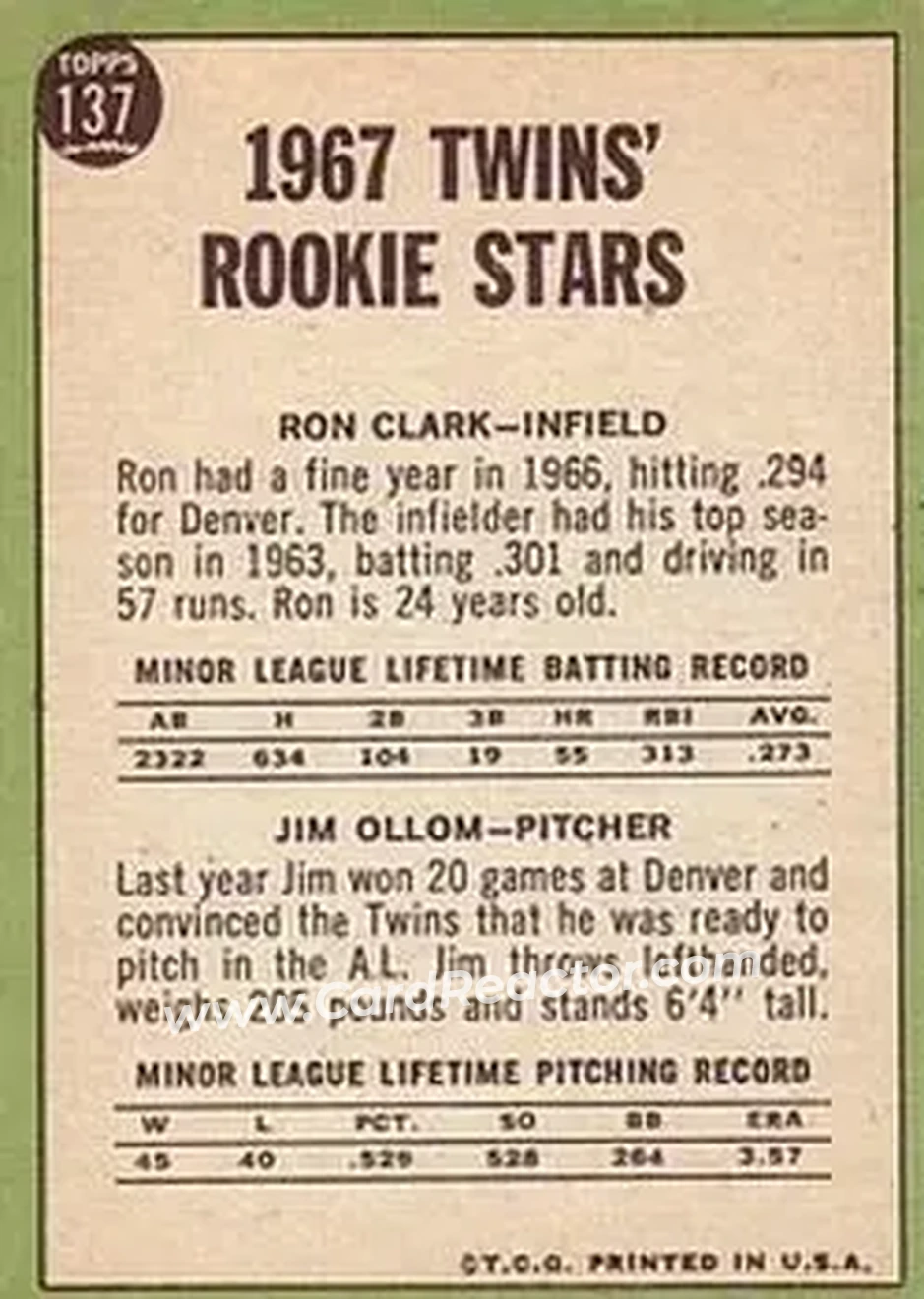 1967 Topps #137 - Card #137 - Minnesota Twins - Back