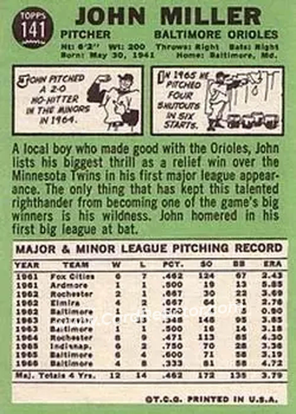 1967 Topps #141 - John Miller - Baltimore Orioles - Back
