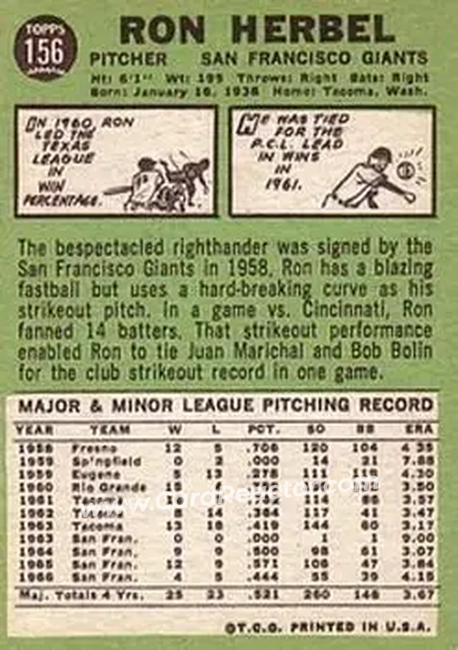 1967 Topps #156 - Ron Herbel - San Francisco Giants - Back