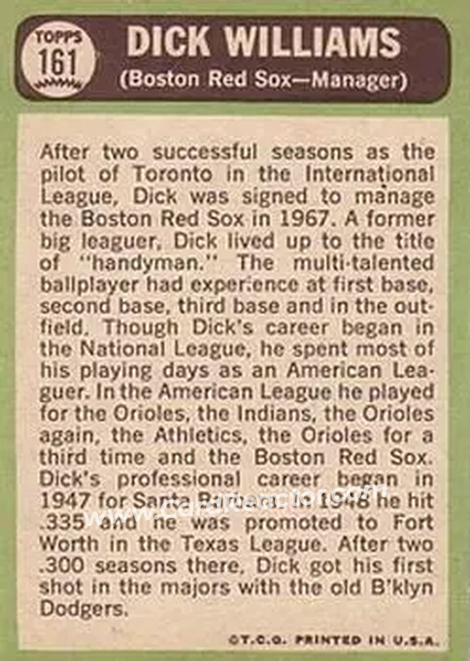 1967 Topps #161 - Dick Williams - Boston Red Sox - Back