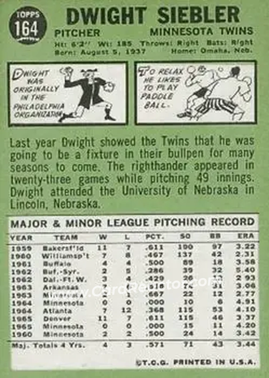 1967 Topps #164 - Dwight Siebler - Minnesota Twins - Back 1967 Topps #164 - Dwight Siebler - Minnesota Twins - Back