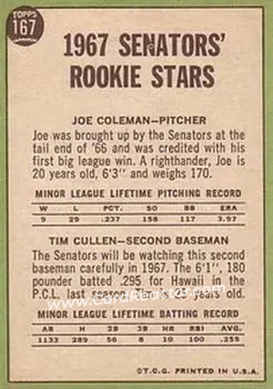 1967 Topps #167 - Card #167 - Washington Senators - Back