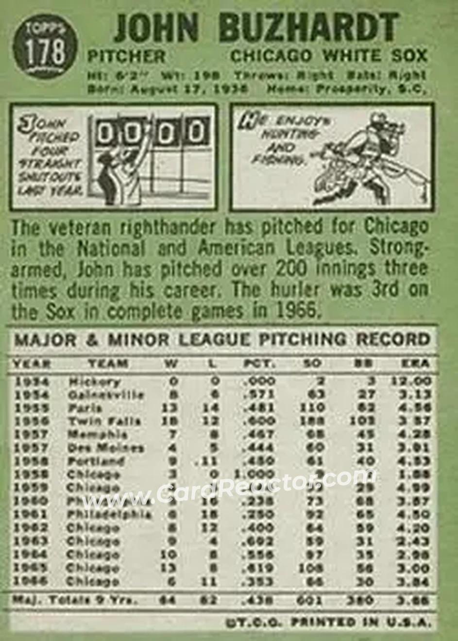 1967 Topps #178 - John Buzhardt - Chicago White Sox - Back
