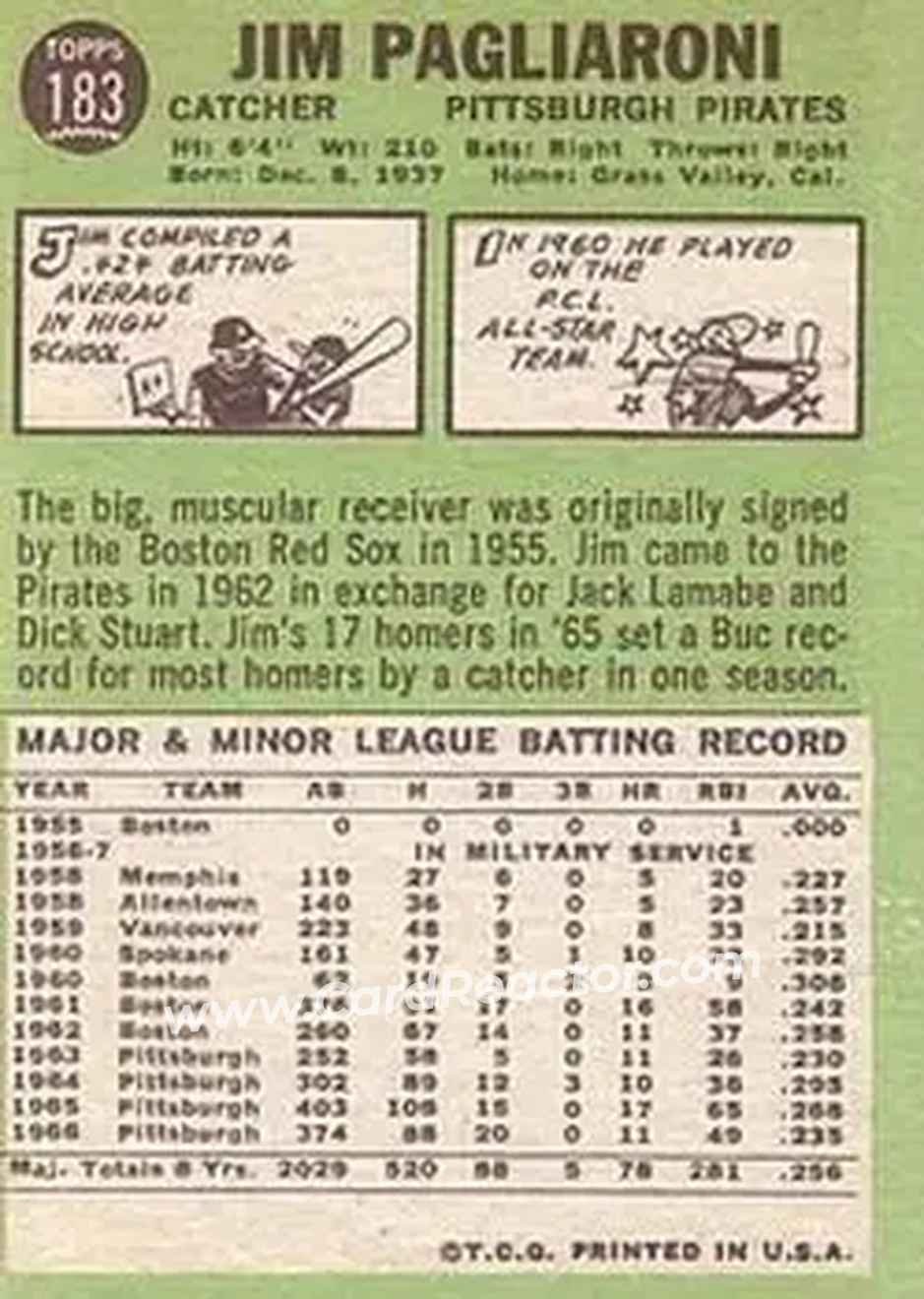 1967 Topps #183 - Jim Pagliaroni - Pittsburgh Pirates - Back