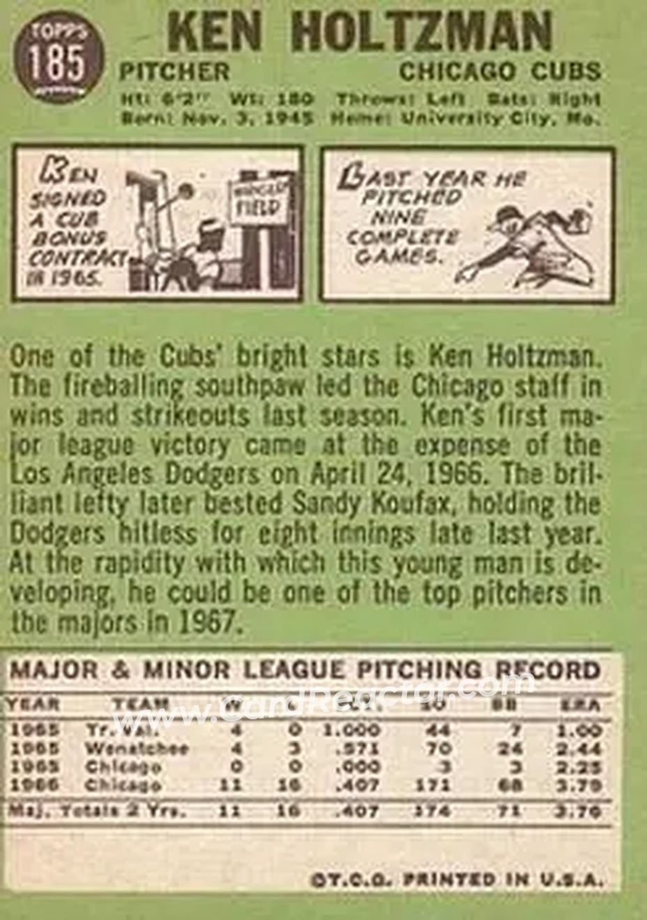 1967 Topps #185 - Ken Holtzman - Chicago Cubs - Back