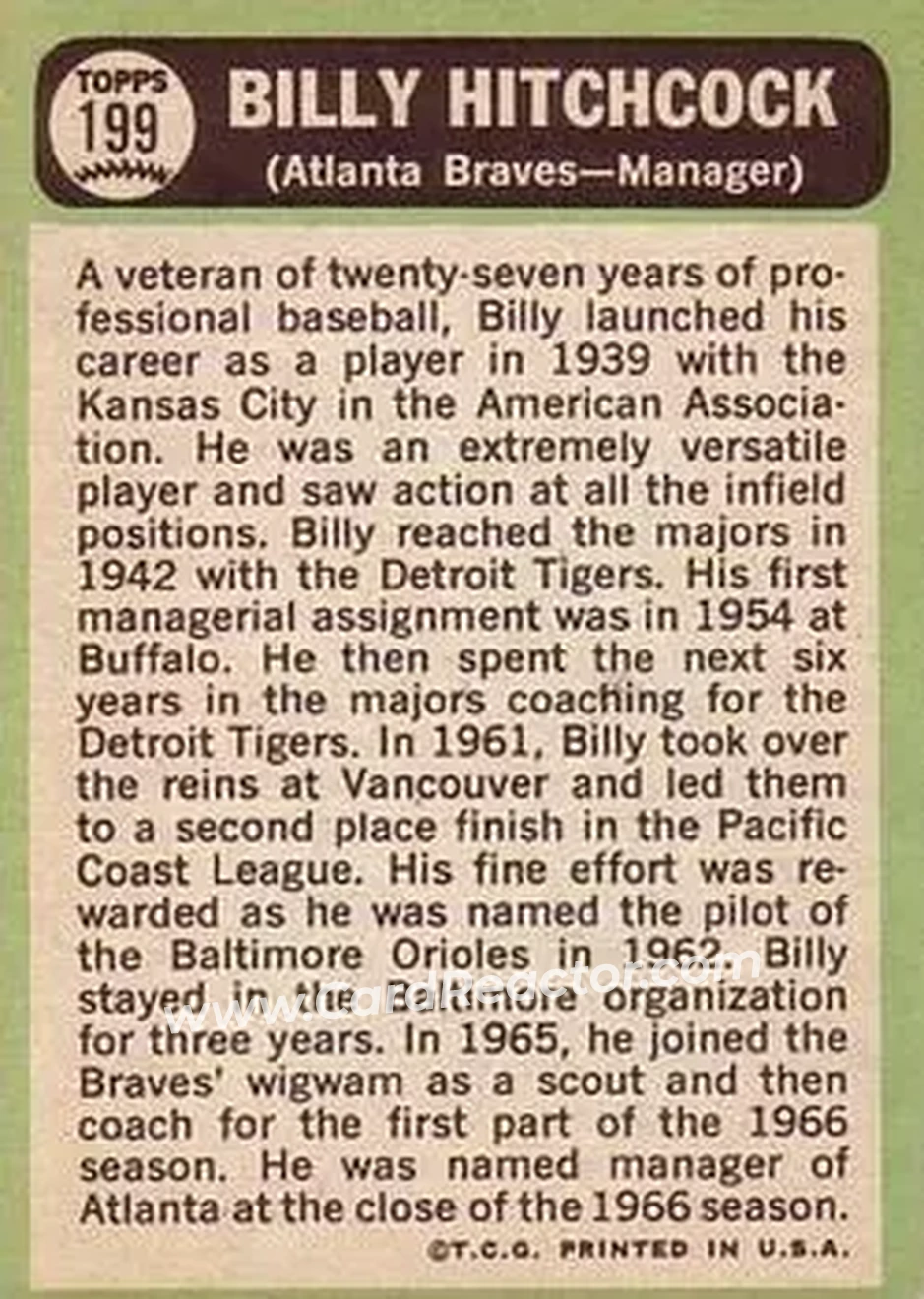 1967 Topps #199 - Billy Hitchcock - Atlanta Braves - Back 1967 Topps #199 - Billy Hitchcock - Atlanta Braves - Back