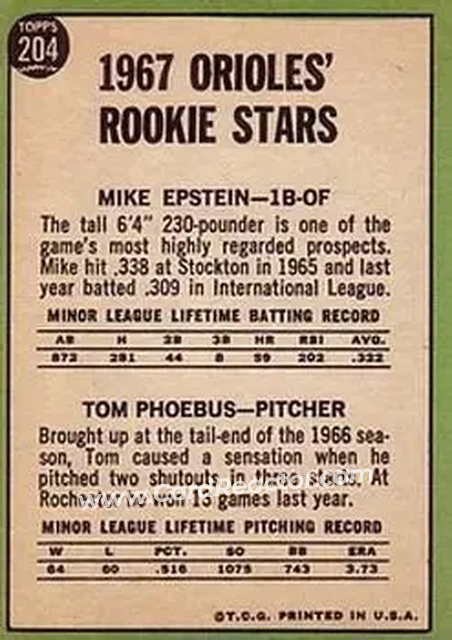 1967 Topps #204 - Card #204 - Baltimore Orioles - Back