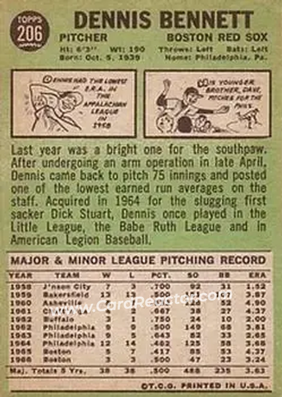 1967 Topps #206 - Dennis Bennett - Boston Red Sox - Back