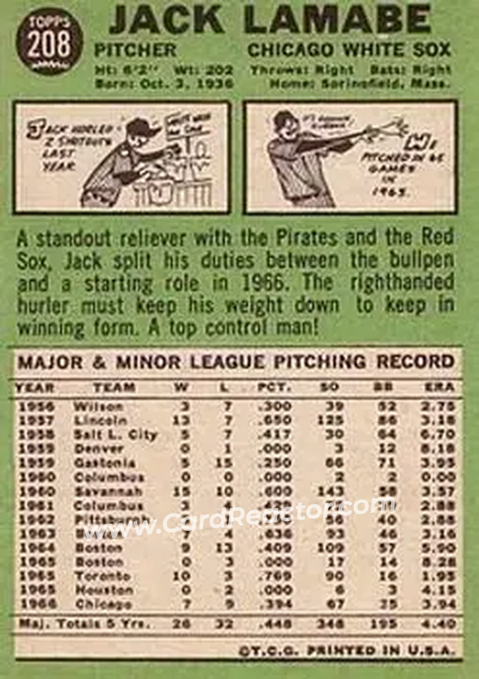 1967 Topps #208 - Jack Lamabe - Chicago White Sox - Back