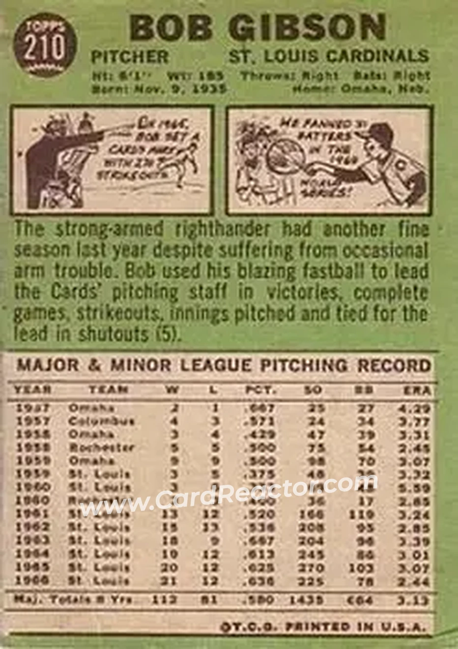 1967 Topps #210 - Bob Gibson - St. Louis Cardinals - Back