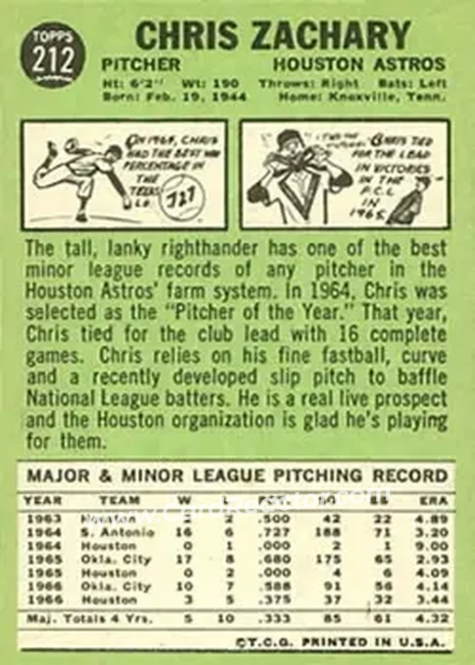 1967 Topps #212 - Chris Zachary - Houston Astros - Back