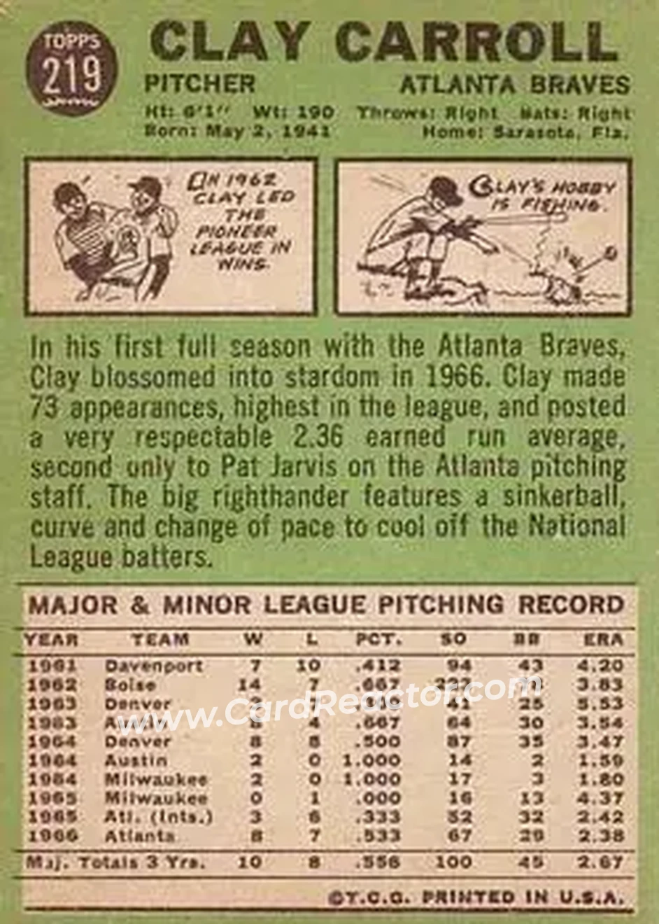 1967 Topps #219 - Clay Carroll - Atlanta Braves - Back