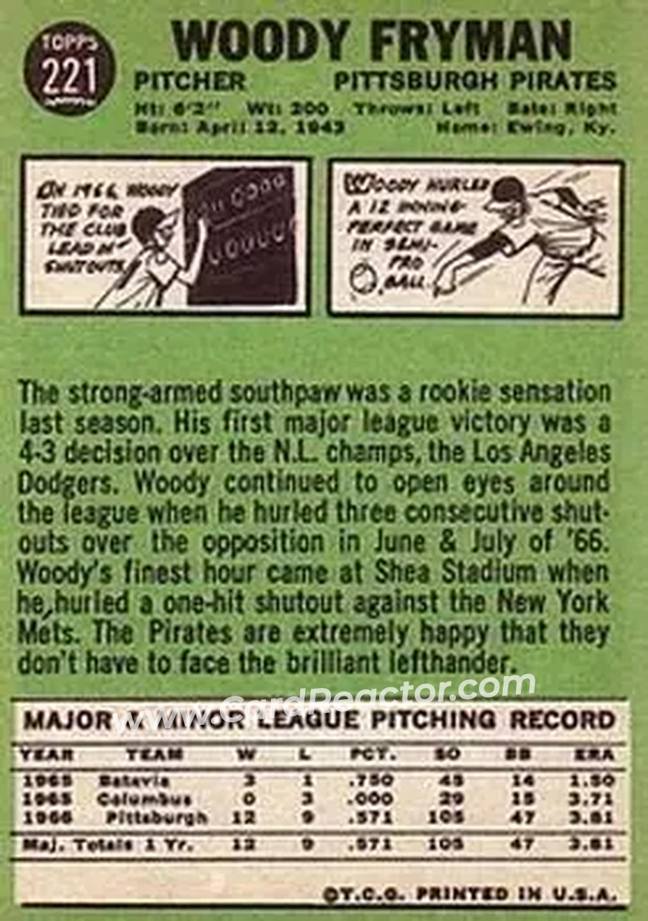 1967 Topps #221 - Woody Fryman - Pittsburgh Pirates - Back